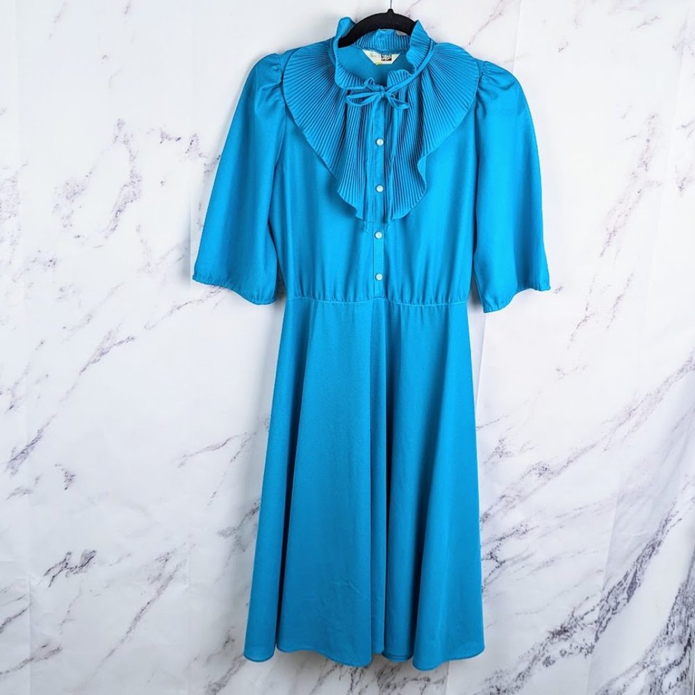 Vintage 70s Blue Ruffle Secretary Geek Knee Length Dress Short Sleeve Size Small